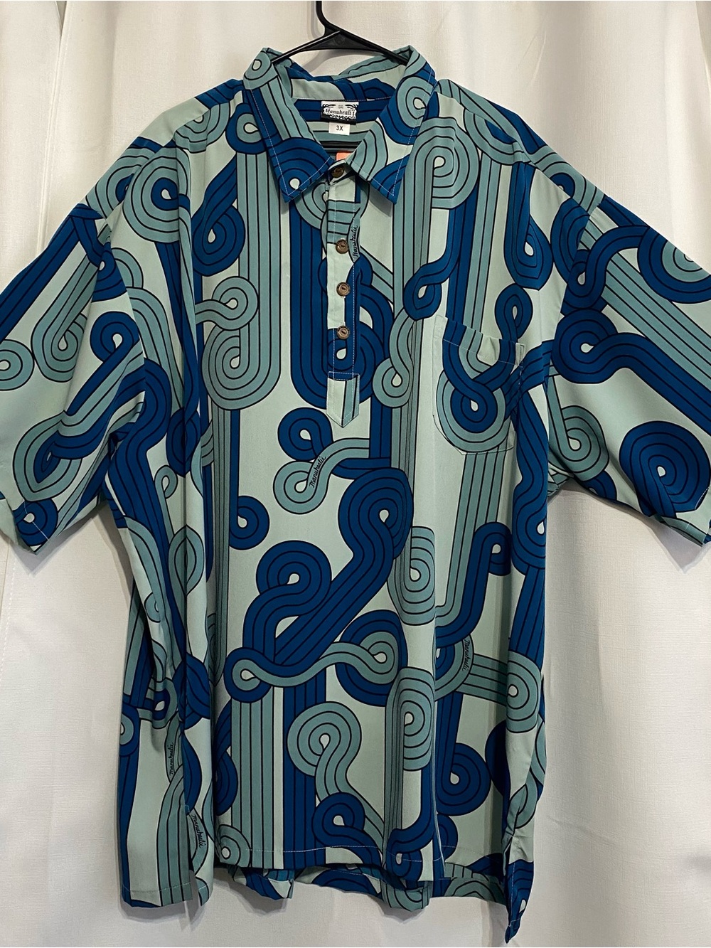 Manuhealii Hawaiian Mens Retro Pullover Shirt Wehena Blue Jade Print 3XL NWT